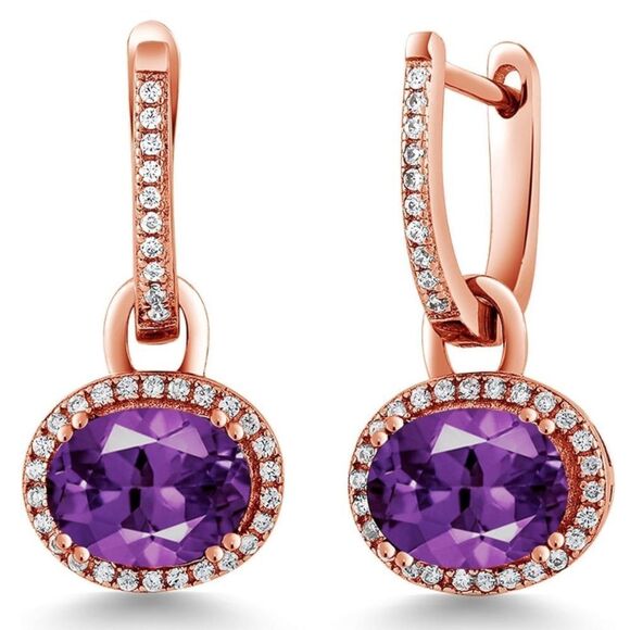 18K Rose Gold 925 with 4.16 Cttw Amethyst Oval Dangling French Lock Earrings - Picture 1 of 5